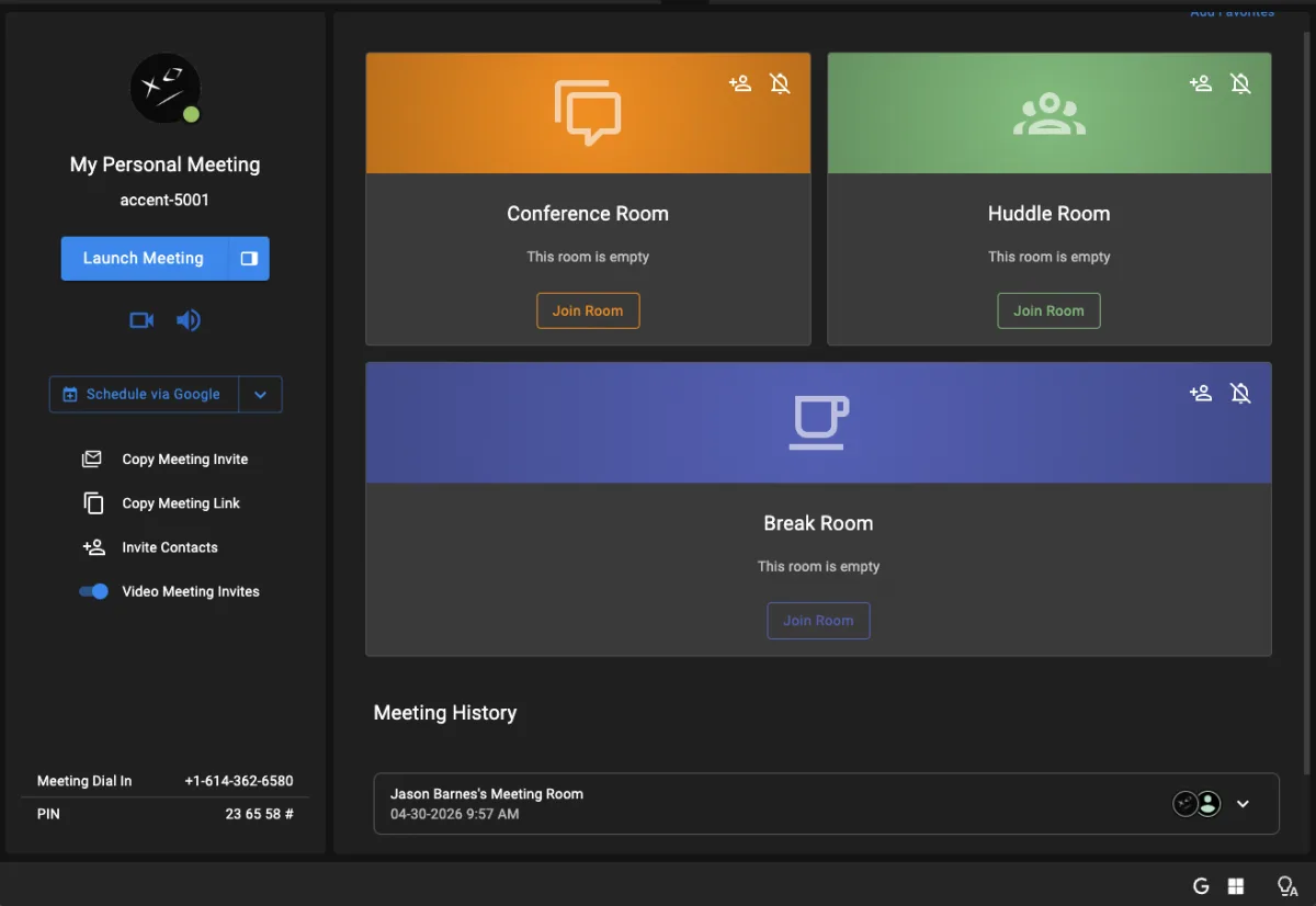 Accent desktop app personal meeting screen with launch controls and conference, huddle, and break room cards